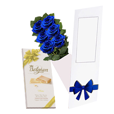 Caja de 06 Rosas Azules ms Tableta de Chocolate Blanco Belgian de 100 Grs