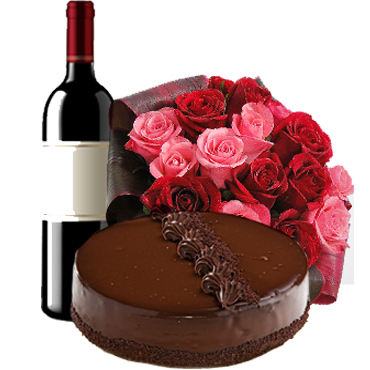 Ramo de 24 Rosas ms Vino 750cc Y Torta de Chocolate (15 Personas)