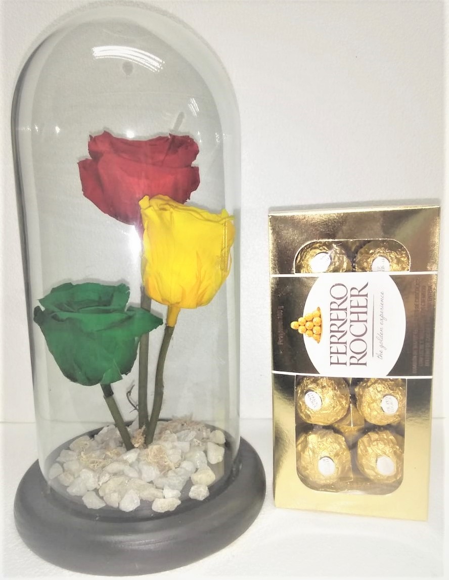3 Rosas Preservadas con tallo en Cpula y Bombones Ferrero Rocher 100 grs