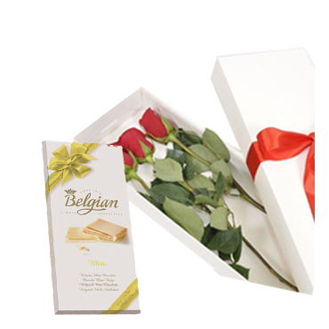Caja de 03 Rosas más Tableta de Chocolate Blanco Belgian de 100 Grs