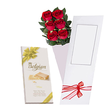 Caja de 06 Rosas más Tableta de Chocolate Blanco Belgian de 100 grs