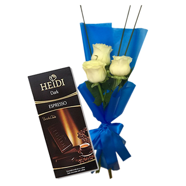 Ramito de 03 Rosas más Tableta de Chocolate Heidi Dark Espresso 80 Grs