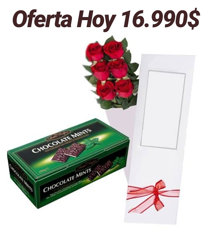 Caja con 06 Rosas más Chocolate Mints Maitre Truffout 200 Grs